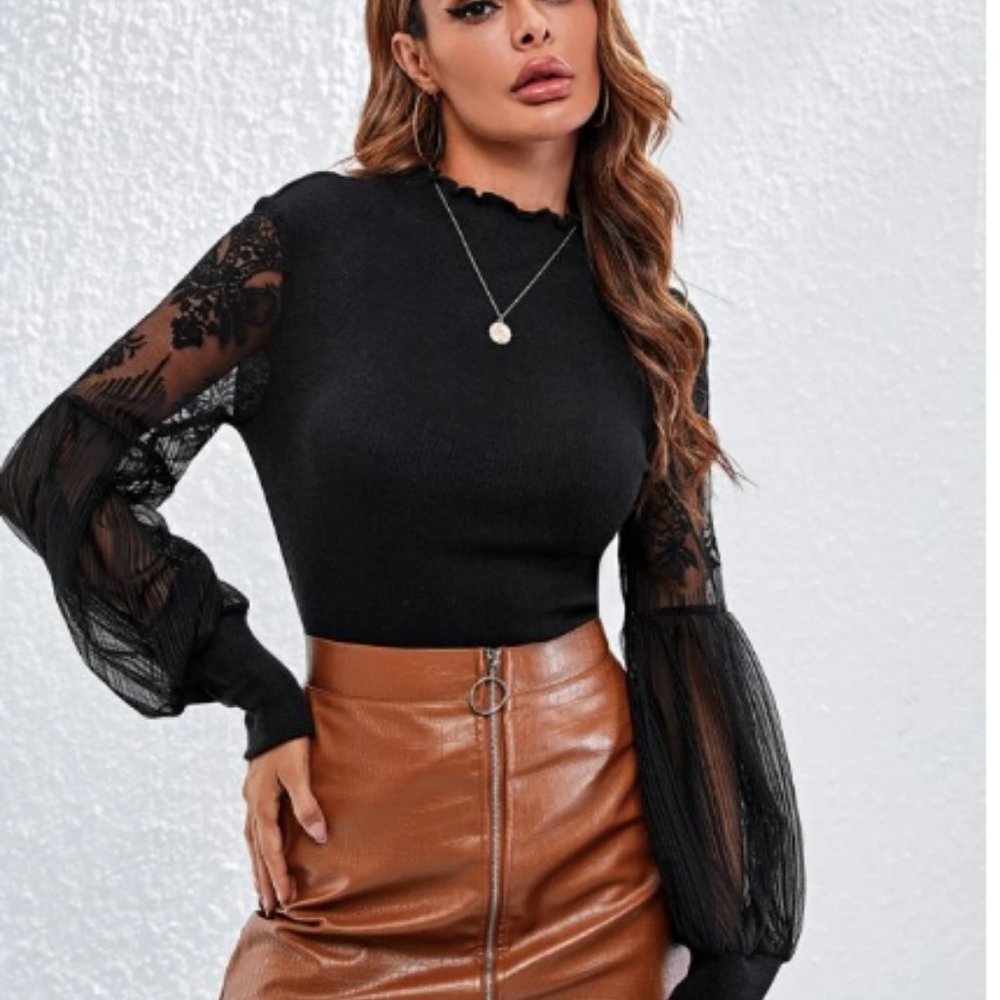 SHEIN Bishop Sleeve Lettuce Trim Sweater
